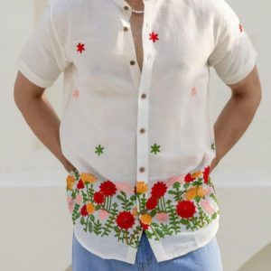 Luxury Ethnic Onam Red Embroidery Sailor Shirt