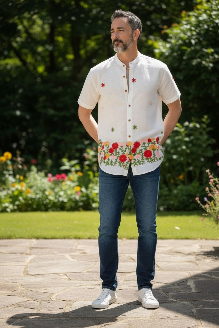 Luxury Ethnic Onam Red Embroidery Sailor Shirt